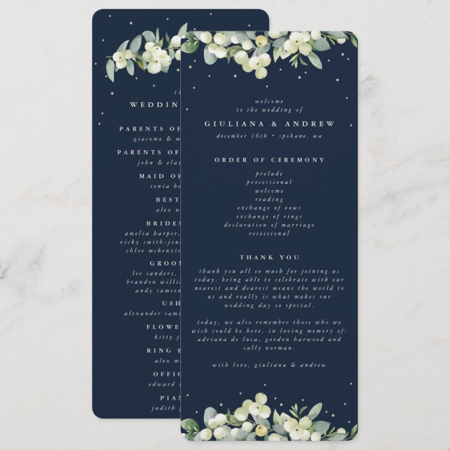 Elegant Navy Snowberry+Eucalyptus Winter Wedding Programme (Front/Back)
