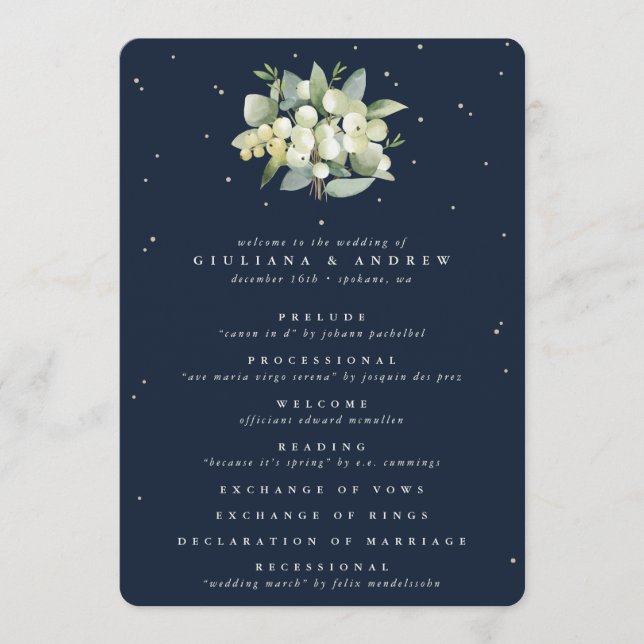 Elegant Navy Snowberry+Eucalyptus Winter Wedding Programme (Front)