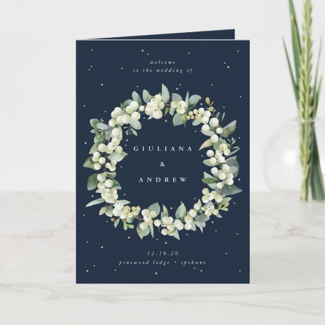 Elegant Navy Snowberry+Eucalyptus Winter Wedding Programme (Front)