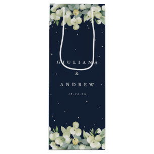 Elegant Navy Snowberry+Eucalyptus Winter Wedding Wine Gift Bag