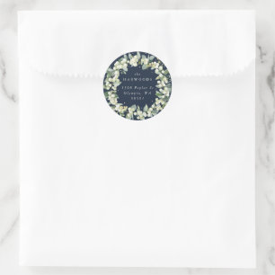 Elegant Navy Snowberry+Eucalyptus Wreath Address Classic Round Sticker