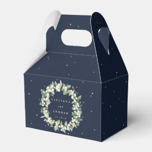 Elegant Navy Snowberry+Eucalyptus Wreath Wedding Favour Box