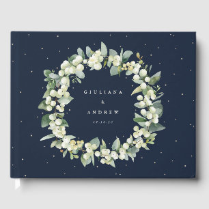 Elegant Navy Snowberry+Eucalyptus Wreath Wedding Guest Book