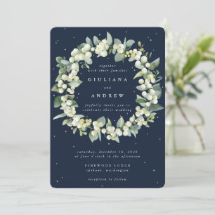 Elegant Navy Snowberry+Eucalyptus Wreath Wedding Invitation