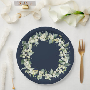 Elegant Navy Snowberry+Eucalyptus Wreath Wedding Paper Plate