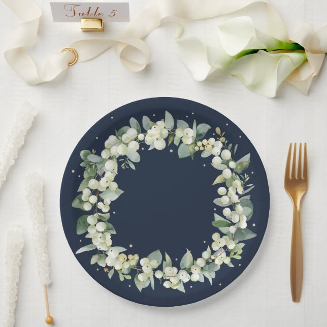 Elegant Navy Snowberry+Eucalyptus Wreath Wedding Paper Plate (Wedding)