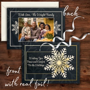 Elegant Navy Snowflake Photo Foil Holiday Card