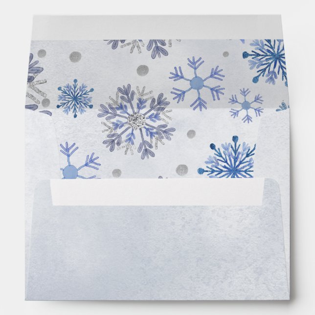 Elegant Navy Snowflakes Winter Wedding Envelope (Back (Bottom))