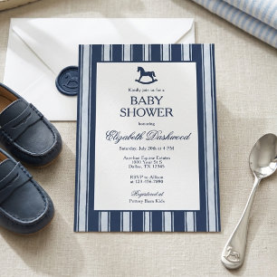 Elegant Navy Stripes Rocking Horse Boy Baby Shower Invitation