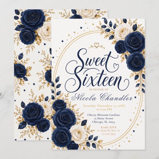 Elegant Navy Sweet 16 Invitation (Front/Back)