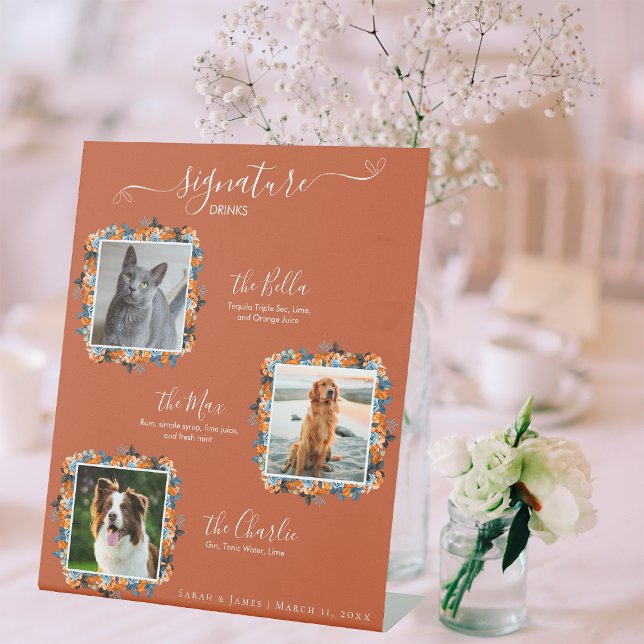 Elegant Navy Terracota 3 Photo Pet Signature Drink Pedestal Sign (Creator Uploaded)