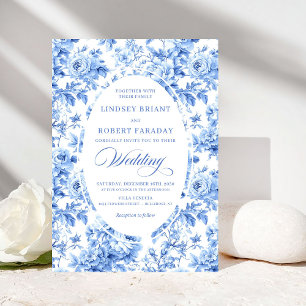 Elegant Navy Toile Rose Wedding Invitation
