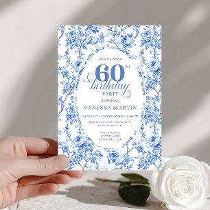 Elegant Navy Toile Roses 60th Birthday Invite Digi