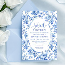 Elegant navy toile roses digital birthday invite 