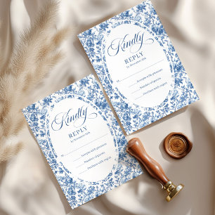 Elegant Navy Toile Roses Wedding RSVP Card 