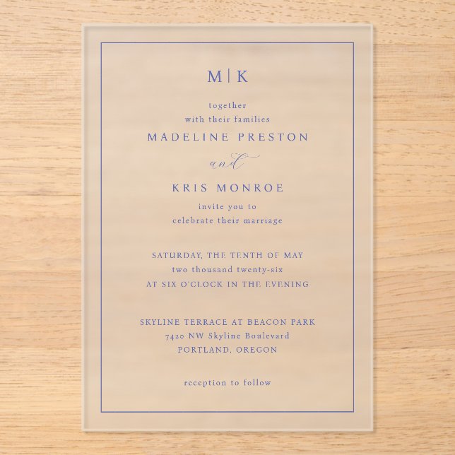 Elegant Navy Typographic Acrylic Invitations (Front)