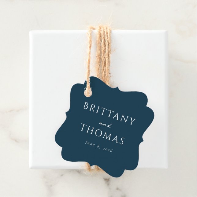 Elegant Navy Typographic Favour Tags (In Situ)