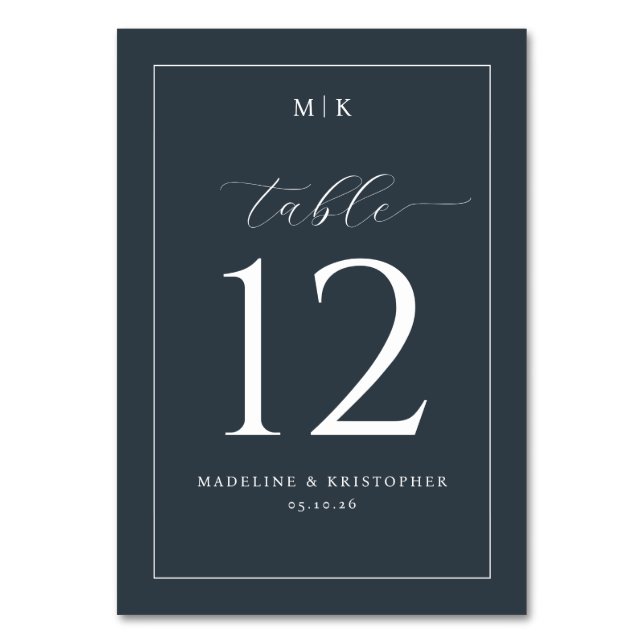 Elegant Navy Typographic Table Number (Front)