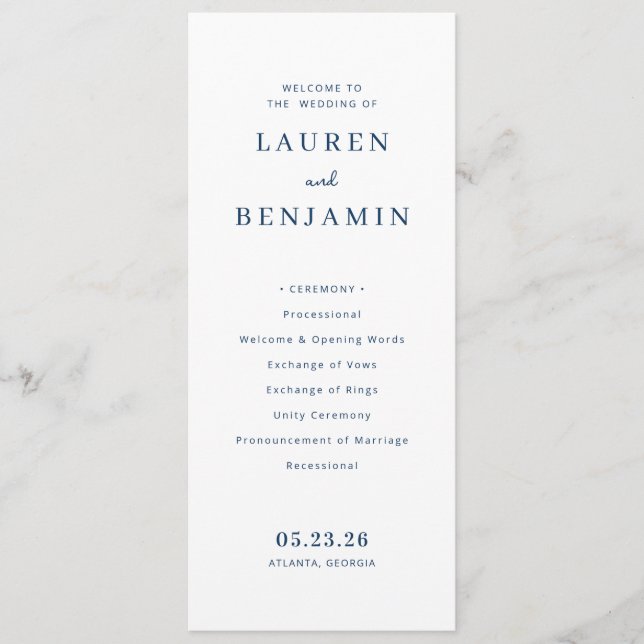 Elegant Navy Typographic Wedding Ceremony Programme (Front)