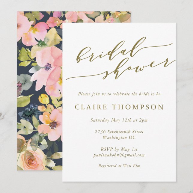Elegant Navy Watercolor Floral Gold Bridal Shower Invitation (Front/Back)