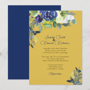 Elegant Navy Watercolor Floral Mustard Wedding Invitation