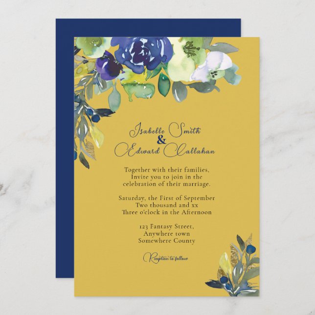 Elegant Navy Watercolor Floral Mustard Wedding Invitation (Front/Back)
