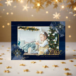 Elegant Navy Watercolor Ink & Golden Jewel Photo