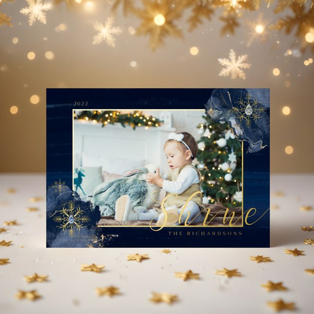Elegant Navy Watercolor Ink & Golden Jewel Photo (Elegant Navy Watercolor Ink & Golden Jewel Photo Foil Holiday Card)