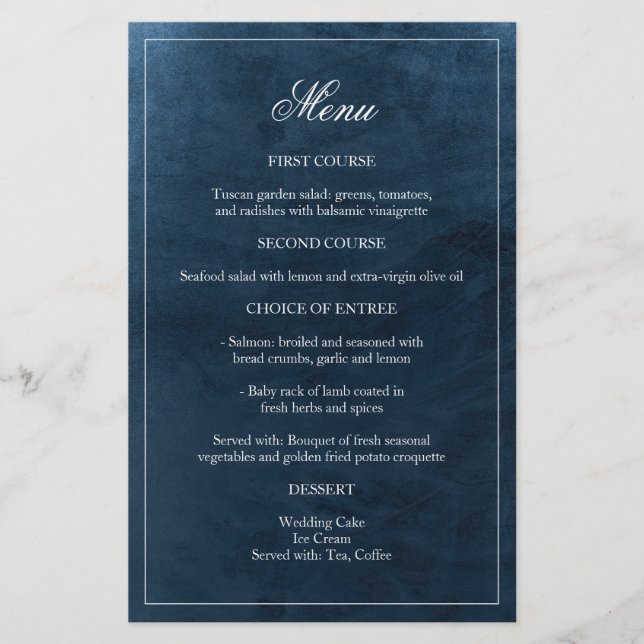 Elegant Navy Watercolor Monogram Wedding Menu (Front)