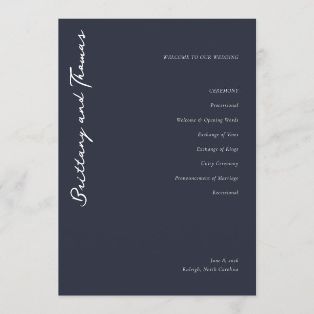 Elegant Navy Wedding Ceremony Program Programme (Front)