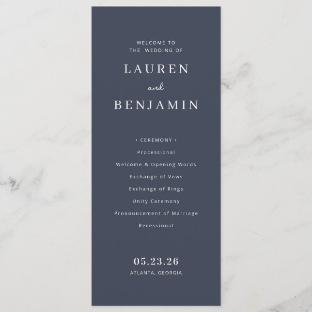 Elegant Navy Wedding Ceremony Program Programme (Front)