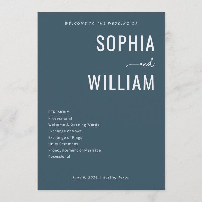 Elegant Navy Wedding Ceremony Schedule Programme (Front)