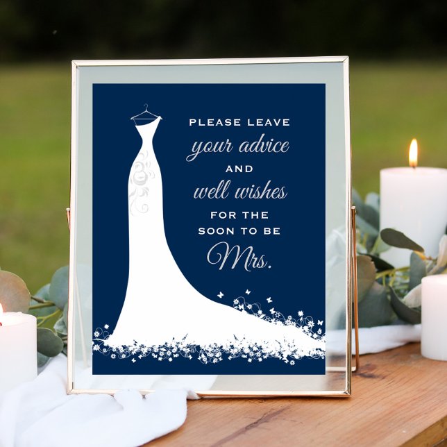 Elegant Navy Wedding Gown Bridal Shower Advice Poster (Creator Uploaded)