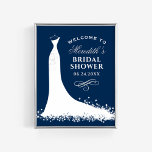 Elegant Navy Wedding Gown Bridal Shower Welcome Poster<br><div class="desc">Elegant wedding bridal shower welcome sign / poster for the stylish bride-to-be features a flowing wedding gown design,  custom text that can be personalised,  and a scroll accent. White,  navy blue (can be customised),  and silver / grey colours.</div>