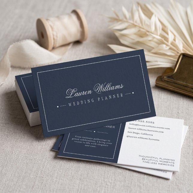Elegant Navy Wedding Planner Business Card (Simulated business cards on table)