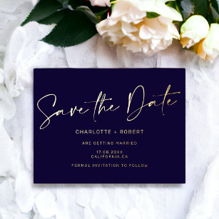 Elegant navy wedding save the date script gold foil invitation postcard