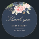 Elegant navy wedding thank you sticker<br><div class="desc">This design features beautiful navy and blush flowers and an Elegant navy background with lovely script text that can be personalised.</div>