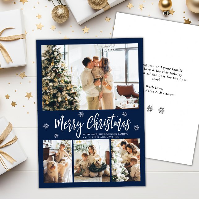 Elegant Navy White 4 Photo Collage Christmas Holiday Card (Creator Uploaded)