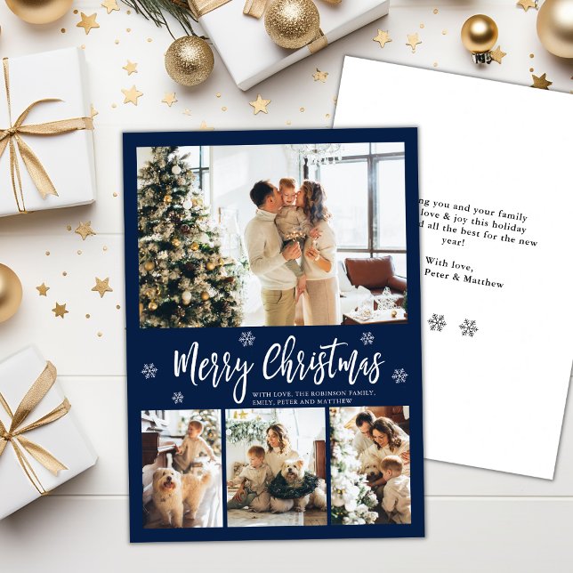Elegant Navy White 4 Photo Collage Christmas Holiday Card (Creator Uploaded)