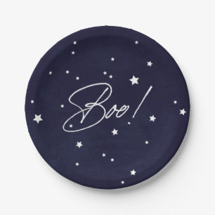 Elegant Navy/White Boo! Halloween Party Paper Plate
