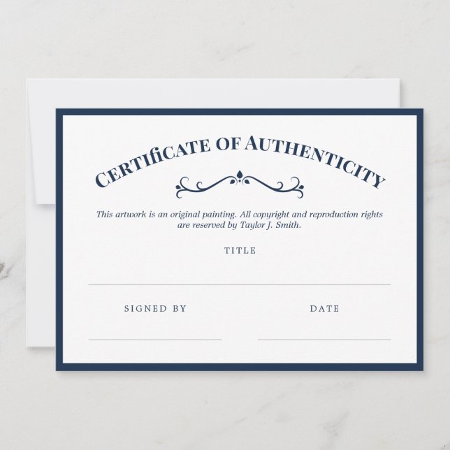 Elegant Navy White Certificate of Authenticity (Front)