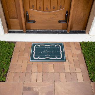 Elegant Navy White Custom Decorated Script Name Doormat