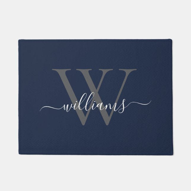 Elegant Navy White Custom Monogram Script Name Doormat (Front)