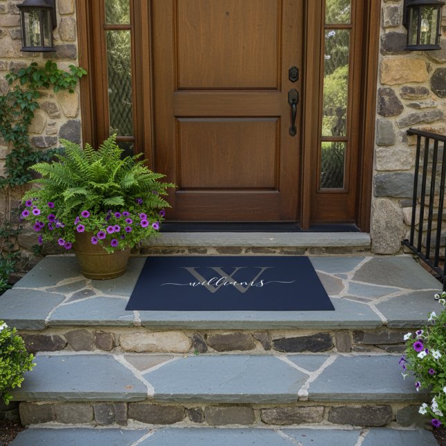 Elegant Navy White Custom Monogram Script Name Doormat (Creator Uploaded)