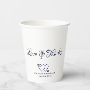 Elegant navy white custom script hearts wedding paper cups