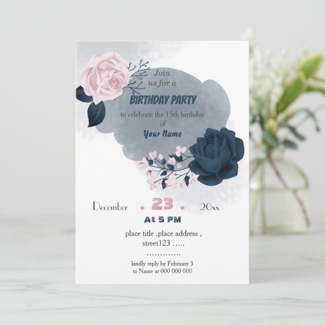 elegant navy & white flowers birthday invitation (Standing Front)