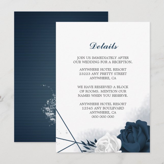 Elegant navy & white flowers details enclosure car card (Front/Back)