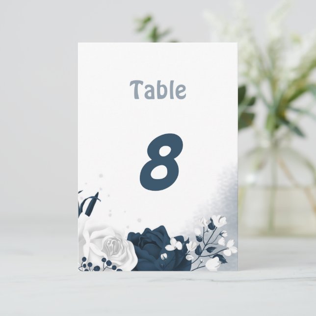 Elegant navy & white flowers table number (Standing Front)