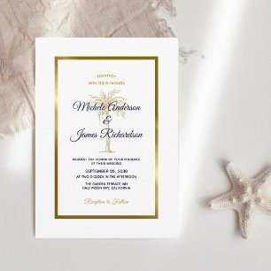 Elegant Navy White Gold Palm Tree Tropical Wedding Invitation