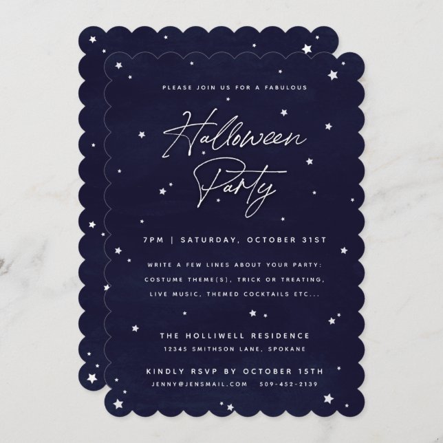 Elegant Navy + White Magical Stars Halloween Party Invitation (Front/Back)